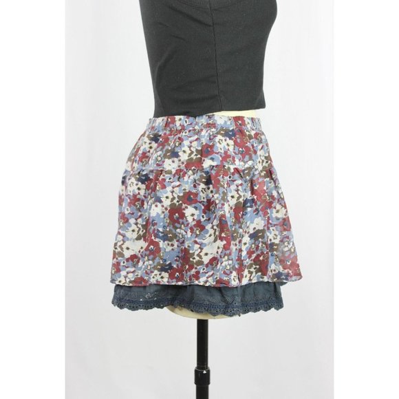 ABERCROMBIE & FITCH Maroon Navy Floral 100% Silk Lace Eyelet Mini Skirt, Size S - Picture 4 of 14